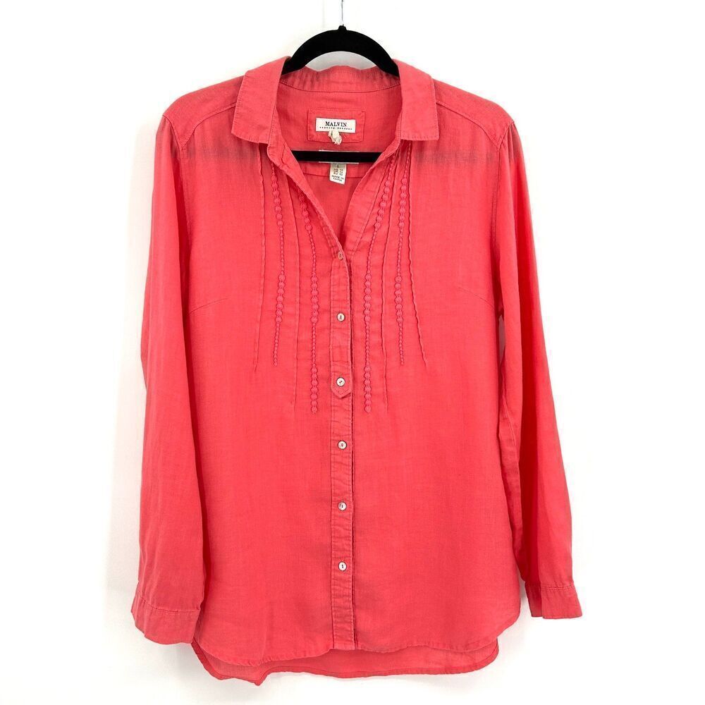 MALVIN Salmon Pink 100% Linen Embroidered Pleated Button Up Blouse Shirt Size 10